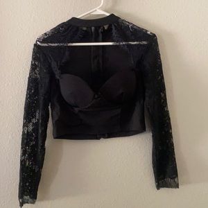 Black Sexy Long sleeve Lacey crop top With open front